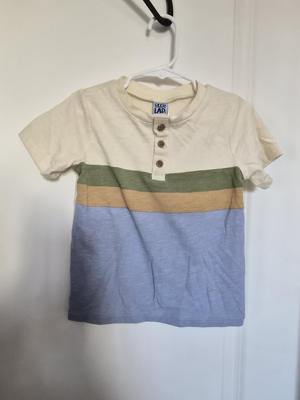 Cream Striped Henley Tee with Green & Blue Bands Tan Cream Set 2 Piece Shorts
